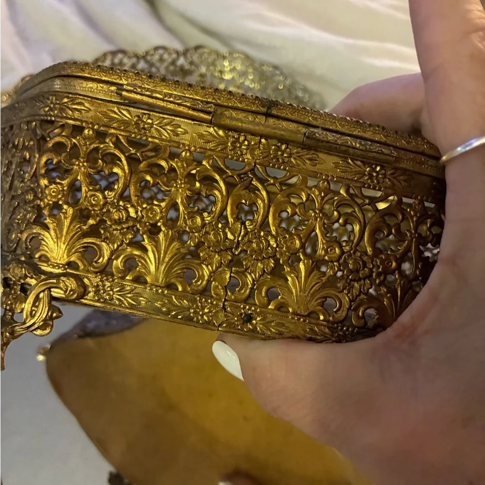 Vtg Gold Metal & Glass Footed Jewelry Box Hinged vanity W Smaller Box & Mirror